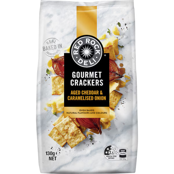 Red Rock Deli Gourmet Crackers Aged Cheddar & Caramelized Onion 130g (EXCLUSIVE)