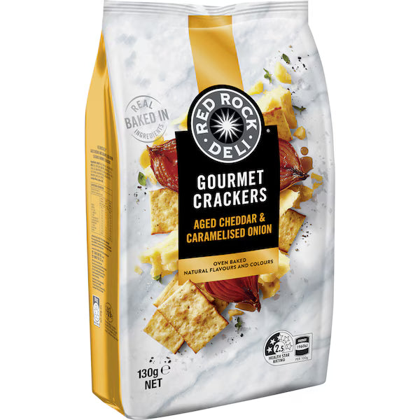 Red Rock Deli Gourmet Crackers Aged Cheddar & Caramelized Onion 130g (EXCLUSIVE)