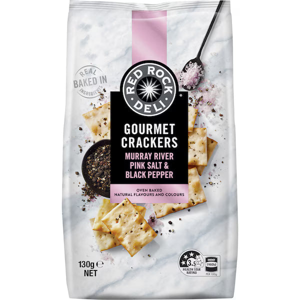 Red Rock Deli Gourmet Crackers Murray River Pink Salt & Black Pepper 130g (EXCLUSIVE)