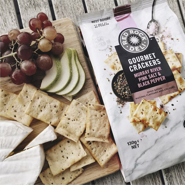 Red Rock Deli Gourmet Crackers Murray River Pink Salt & Black Pepper 130g (EXCLUSIVE)