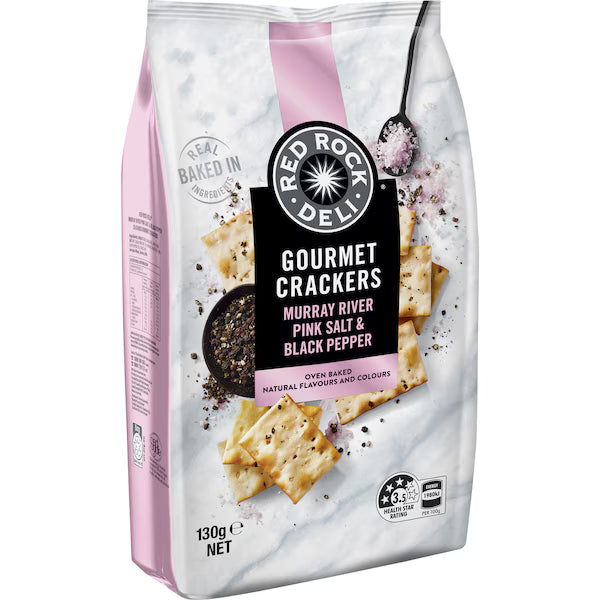 Red Rock Deli Gourmet Crackers Murray River Pink Salt & Black Pepper 130g (EXCLUSIVE)