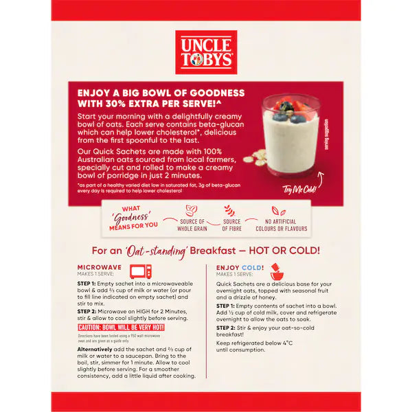 Uncle Tobys Oats Quick Sachets Big Bowl Original Porridge 8sachets 368g (Exclusive)