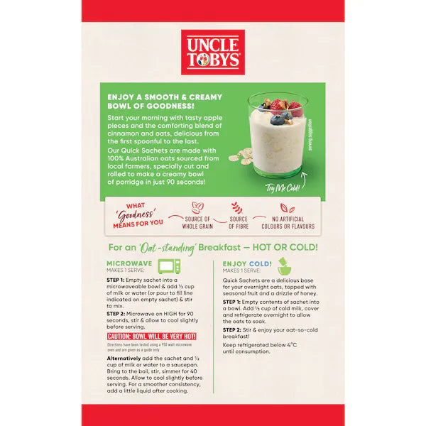 Uncle Tobys Oats Quick Sachets Apple & Cinnamon Porridge 350g (10Pack Exclusive)