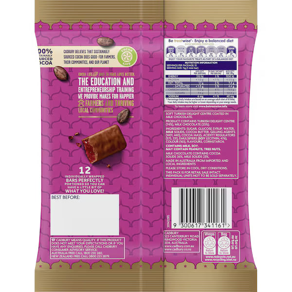 Cadbury Frys Turkish Delight Chocolate Sharepack 12 Pack 180g