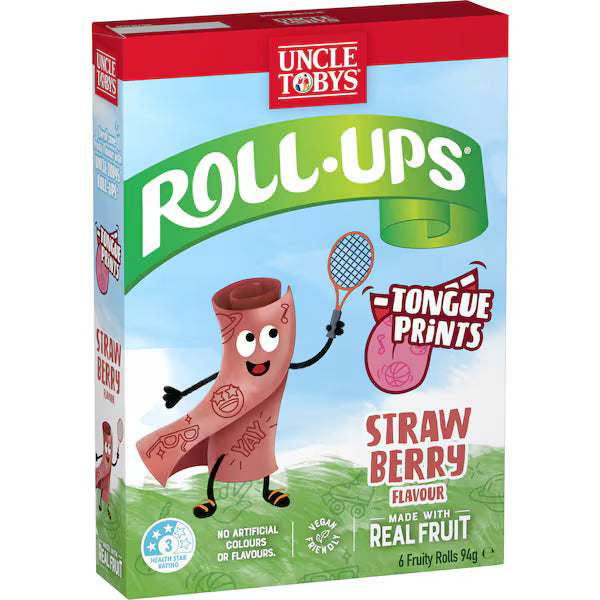 Uncle Tobys Roll Ups Strawberry Fun Prints 6 pack 94G (Exclusive)