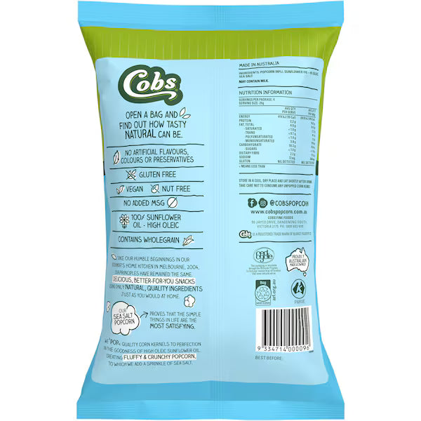 Cobs Natural Popcorn Sea Salt Gluten Free 80g (Exclusive)