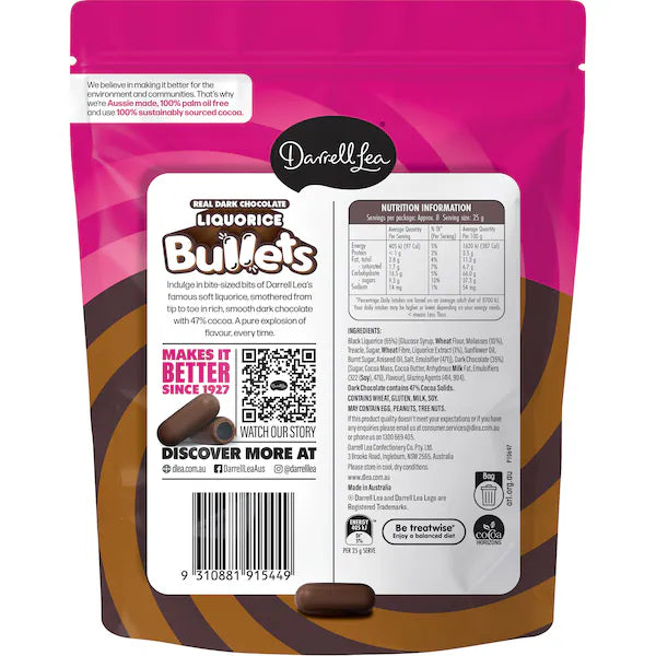Darrell Lea Bullets Dark Chocolate Liquorice 204g (Exclusive)