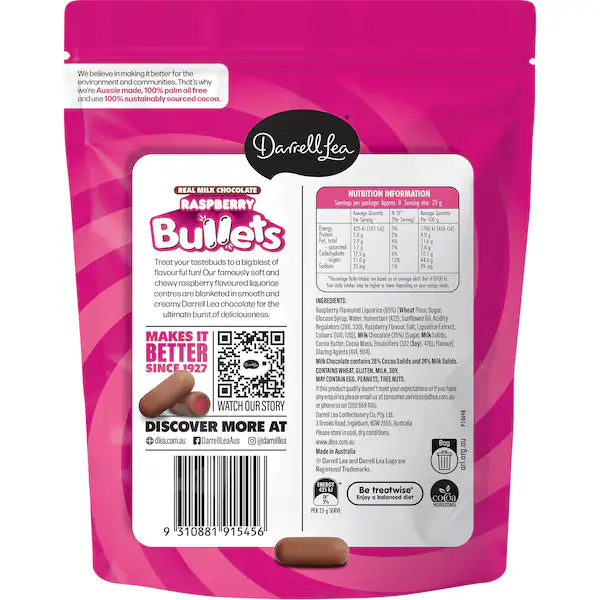 Darrell Lea Bullets Milk Chocolate Raspberry 204g (Exclusive)