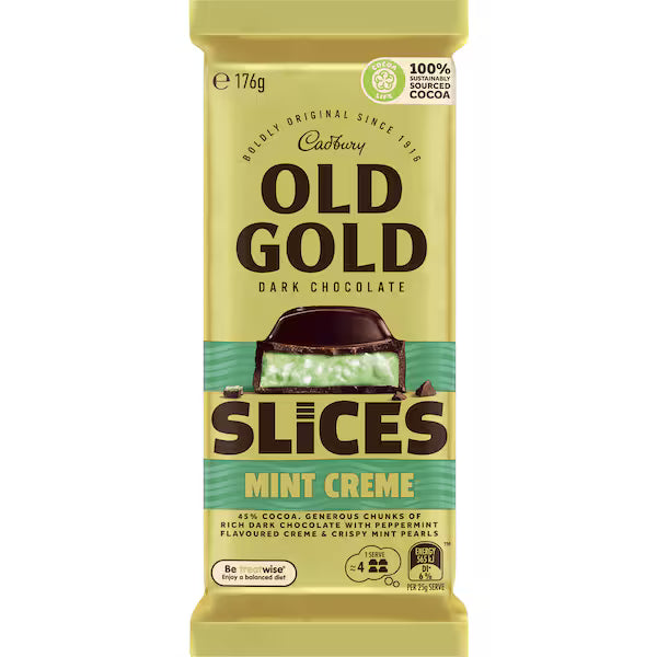 Cadbury Old Gold SLICES Mint Crème Dark Chocolate Block 176g