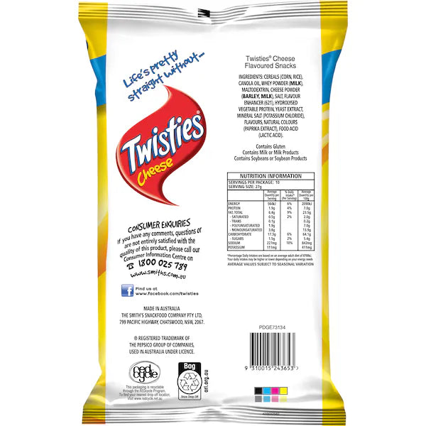 Smiths Twisties Cheese Snacks LARGE PARTY SIZE Bag 270g