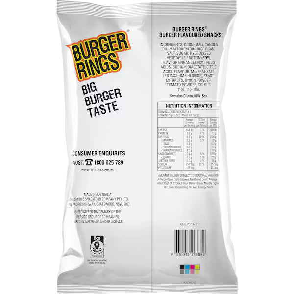 Smiths Burger Rings Snacks LARGE PARTY SIZE Bag 220g (EXCLUSIVE)
