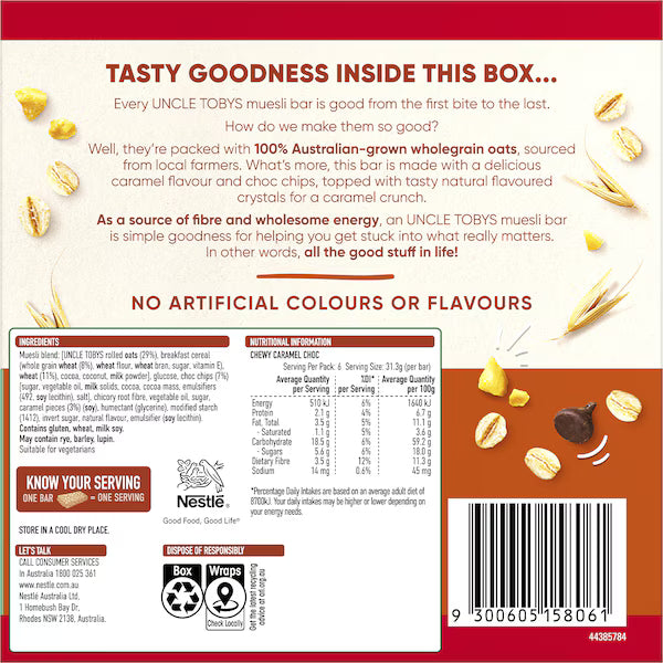 Uncle Tobys Muesli Bar Chewy Caramel Choc 6 Pack 185g (Exclusive)