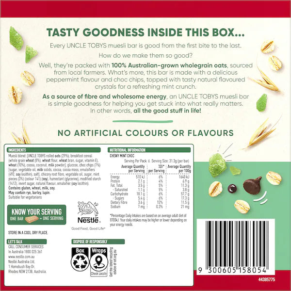 Uncle Tobys Chewy Muesli Bars Mint Chocolate 6 Pack 185g (Exclusive)