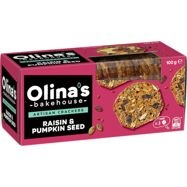 Olina's Bakehouse Artisan Cracker Biscuits Raisin & Pumpkin Seeds 100g