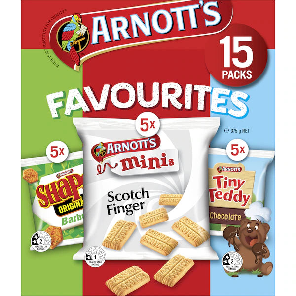 Arnott's Favourites MEGA BOX- BBQ Shapes, Scotch Finger & Tiny Teddy (15 PACK) 375g (EXCLUSIVE)