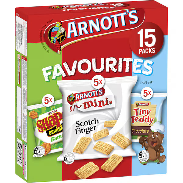 Arnott's Favourites MEGA BOX- BBQ Shapes, Scotch Finger & Tiny Teddy (15 PACK) 375g (EXCLUSIVE)
