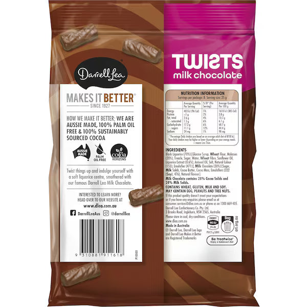 Darrell Lea Twists Milk Chocolate Coated Original Liquorice 200g (EXCLUSIVE)