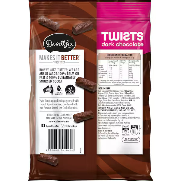 Darrell Lea Twists Dark Chocolate Liquorice 200g (Exclusive)