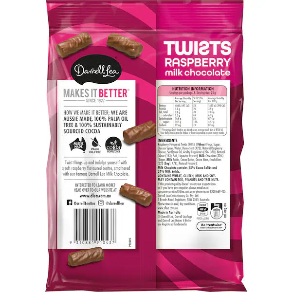 Darrell Lea Twists Liqourice Milk Chocolate Raspberry 200g (EXCLUSIVE)