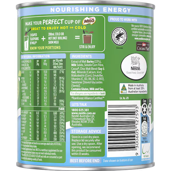Nestle Milo 30% Less Added Sugar Chocolate Malt Powder Drink 395g (EXCLUSIVE)