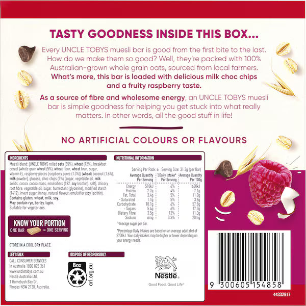 Uncle Tobys Chewy Raspberry Choc Chip Muesli Bars 6 pack 185G (Exclusive)